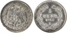 MEXICO: Maximiliano, 1864-1867, AR 5 centavos, 1865-Z, KM-385.3, one-year subtype, lightly toned, NGC graded MS62.

 Estimate: USD 225 - 275