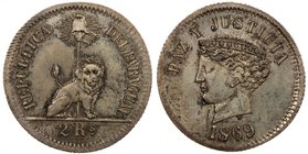 PARAGUAY: Republic, 1811-, AR 2 reales, 1869, KM-Pn30, pattern issue, small flan type, REPÚBLICA DEL PARAGUAY around golden lion in front of the staff...
