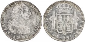 PERU: Carlos III, 1759-1788, AR 8 reales, 1778, KM-78, Cr-33. Cal-366, Calicó 859, assayer MJ, possible 1778/7 overdate, tiny bits of verdigris in obv...