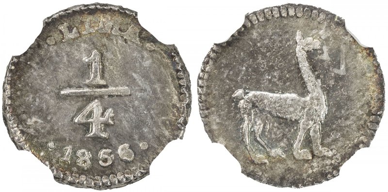 PERU: Republic, AR ¼ real, 1856/36, KM-143.1, wonderful luster and multicolored ...