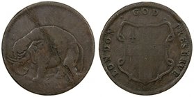 UNITED STATES: AE halfpenny token (13.86g) ND [1672-94], KM-Tn1.1, Br-186. Peck-503, Hodder -1A, Fine, Colonial coinage; Elephant, trunk lowered, stan...