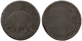 UNITED STATES: AE halfpenny token (14.97g) ND [1672-94], KM-Tn1.1, Br-186. Peck-503, Hodder -1A, Very Good, Colonial coinage; Elephant, trunk lowered,...
