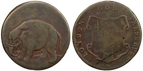 UNITED STATES:AE halfpenny token (7.92g) ND [1672-94], KM-Tn1.2, Br-187. Peck-504, Good to Very Good, Colonial coinage; Elephant, trunk lowered, stand...