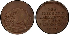 UNITED STATES:AE halfpenny token, JAB-33, PCGS graded AU58, Bolen Copy, elephant left // GOD PRESERVE CAROLINA AND THE LORDS PROPRIETORS, RR, ex Jerry...