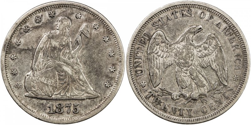 UNITED STATES: AR 20 cent, 1875, KM-109, VF-EF, Seated Liberty type, scarce Phil...