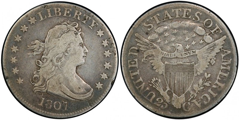 UNITED STATES: AR 25 cents, 1807, KM-36, Browning 1, PCGS graded F12, Draped Bus...