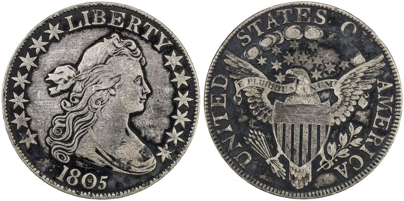 UNITED STATES: AR Draped Bust 50 cents, 1805, KM-35, VF, Draped Bust type, obver...