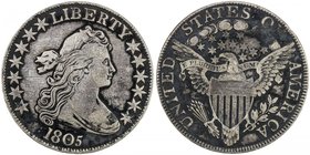 UNITED STATES: AR Draped Bust 50 cents, 1805, KM-35, VF, Draped Bust type, obverse appears to have been cleaned long ago, mostly retoned now.

 Esti...