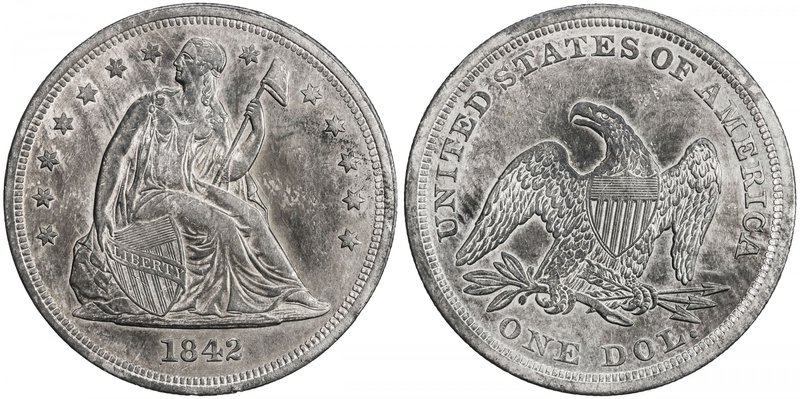 UNITED STATES: AR dollar, 1842, KM-71, AU, Seated Liberty type, pleasing tone.
...
