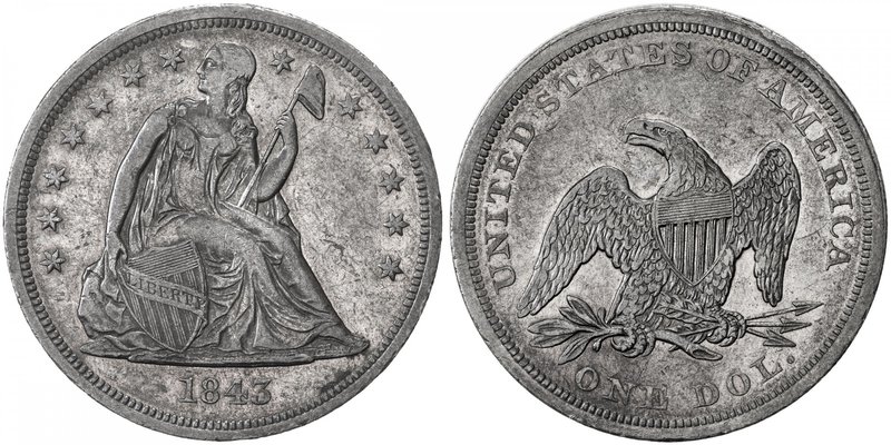 UNITED STATES: AR dollar, 1843, KM-71, EF, Seated Liberty type, gunmetal toning....