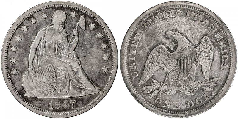 UNITED STATES: AR dollar, 1847, KM-71, VF, Seated Liberty type, some toning, mor...