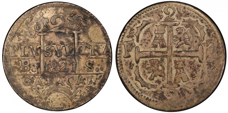 VENEZUELA: Fernando VII, 1808-1821, AR 2 reales, Caracas, 1821, Cr-6.2, assayer ...
