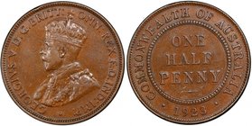 AUSTRALIA: George V, 1910-1936, AE halfpenny, 1923, KM-22, key date, brown, PCGS graded AU50, R. Most of the 1923 production of 1,113,000 halfpennies ...