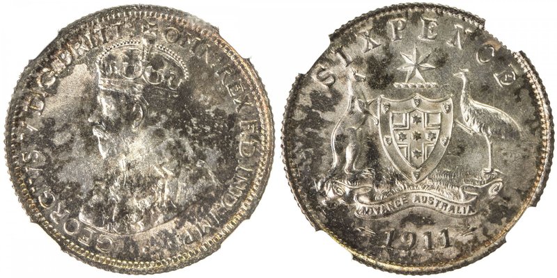 AUSTRALIA: George V, 1910-1936, AR sixpence, 1911, KM-25, spectacular multi-colo...
