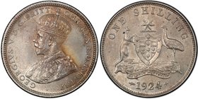 AUSTRALIA: George V, 1910-1936, AR shilling, 1924, KM-25, much better date with light golden tone, cleaned, PCGS graded AU details.

 Estimate: USD ...