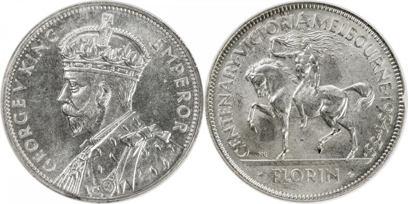 AUSTRALIA: George V, 1910-1936, AR florin, 1934-5, KM-33, Centennial of Victoria...