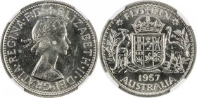 AUSTRALIA: Elizabeth II, 1952-, AR florin, 1957, KM-60, blast white, fully lustrous, mintage of only 1,256 pieces, NGC graded Proof 65, S. 

 Estima...