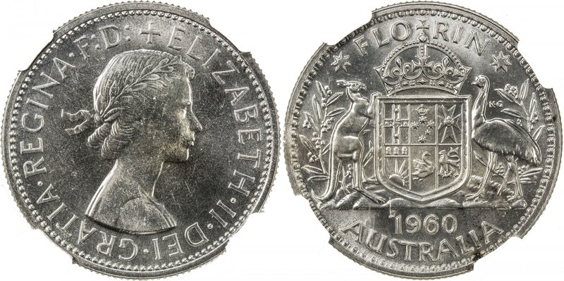 AUSTRALIA: Elizabeth II, 1952-, AR florin, 1960, KM-60, blast white, clean surfa...