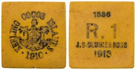 KEELING-COCOS ISLANDS: John S. Clunies-Ross, 1910-1944, 1 rupee token, 1913, KM-Tn5, square plastic "ivory" token, KEELING COCOS ISLANDS around emblem...
