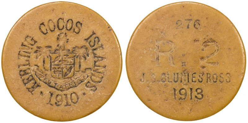 KEELING-COCOS ISLANDS: John S. Clunies-Ross, 1910-1944, 2 rupees token, 1913, KM...