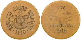 KEELING-COCOS ISLANDS: John S. Clunies-Ross, 1910-1944, 2 rupees token, 1913, KM-Tn6, round plastic "ivory" token, KEELING COCOS ISLANDS around emblem...
