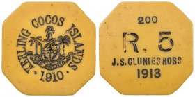 KEELING-COCOS ISLANDS: John S. Clunies-Ross, 1910-1944, 5 rupees token, 1913, KM-Tn7, octagonal plastic "ivory" token, KEELING COCOS ISLANDS around em...