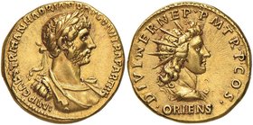 Adriano (117-138) Aureo (117) Busto laureato a d. - R/ Busto radiato del Sole a d. – RIC 16 AU (g 7,00) Schiacciature e colpetti al bordo forse da ant...