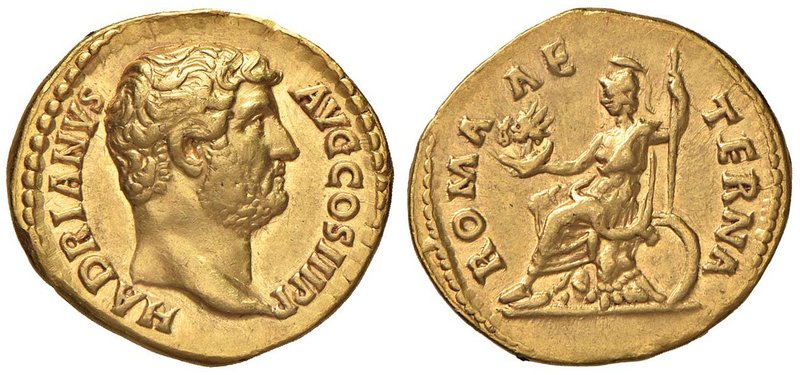 Adriano (117-138) Aureo - Testa a d. - R/ ROMA AETERNA, Roma seduta a s. con le ...
