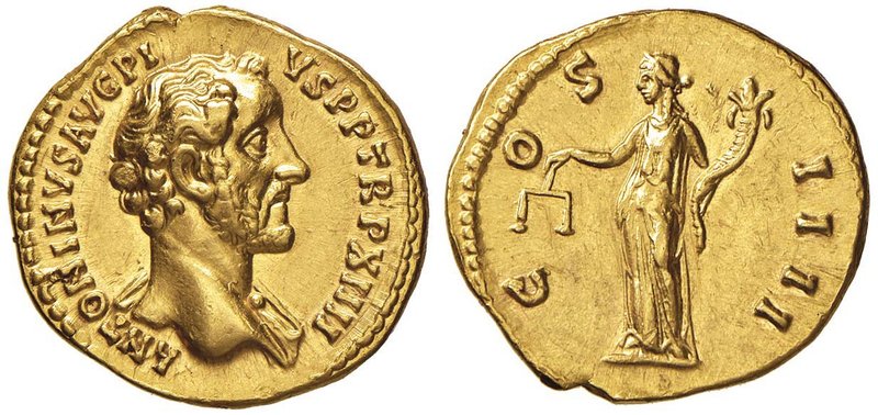 Antonino Pio (138-161) Aureo – Testa a d. – R/ COS IIII, la Giustizia stante a s...
