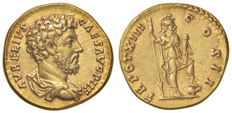 Marco Aurelio (161,180) Aureo - Busto a d. - R/ La Virtù stante a d. – RIC 480b ...