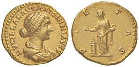 Lucilla (moglie di Lucio Vero) Aureo - Busto a d. - R/ La Pietà stante a s. – RIC 774 AU (g 6,76) RR Ex NAC 92, lotto 603. Colpo al bordo

SPL+