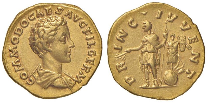 Commodo (come Cesare, 166-177) Aureo (175) Busto a d. - R/ Commodo stante a s. c...