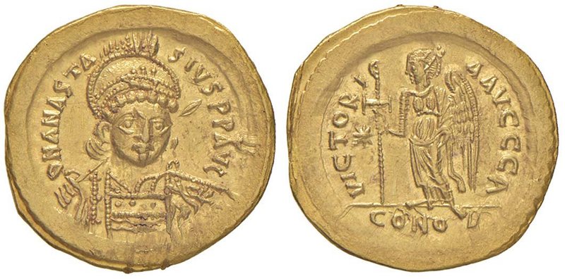 Anastasio (491-518) Solido (Costantinopoli) Busto corazzato di fronte - R/ La Vi...