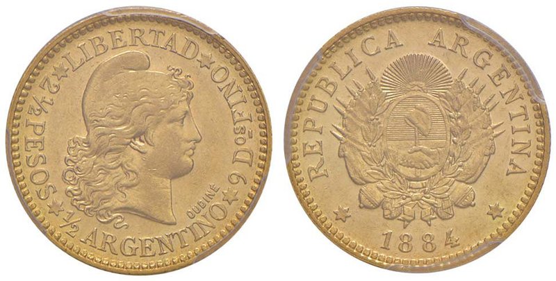 ARGENTINA Mezzo argentino 1884 – Fr. 16 AU RRR In slab PCGS MS62 “ex Eliasberg c...