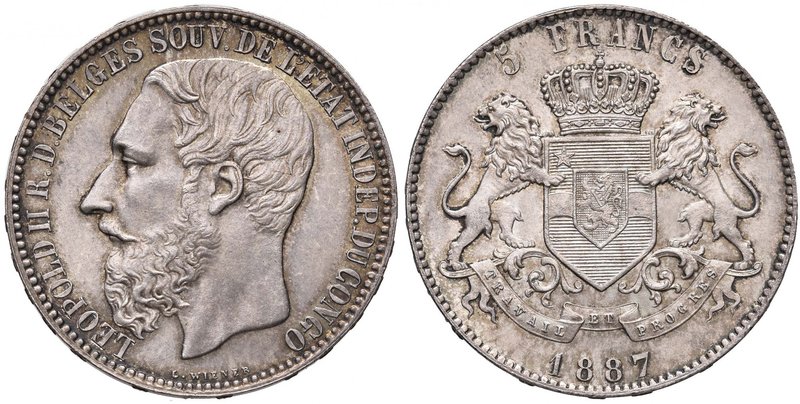 CONGO BELGA Leopoldo II (1865-1909) 5 Franchi 1887 – KM 8.1 AG (g 25,00) RR Bell...