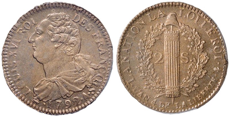 FRANCIA Luigi XVI (1774-1793) 2 Sol 1792 A – Gad. 25 CU In slab PCGS MS66. Intro...