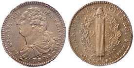 FRANCIA Luigi XVI (1774-1793) 2 Sol 1792 A – Gad. 25 CU In slab PCGS MS66. Introvabile in questa qualità in rame rosso brillante.

FDC