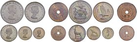 RHODESIA E NYASALAND Mezza corona, 2 Scellini, Scellino, 6, 3 Pence 1955 e un Penny, Mezzo penny 1956 – KM 9-11 CU-NI, CU RRRRR Lotto di sette monete ...