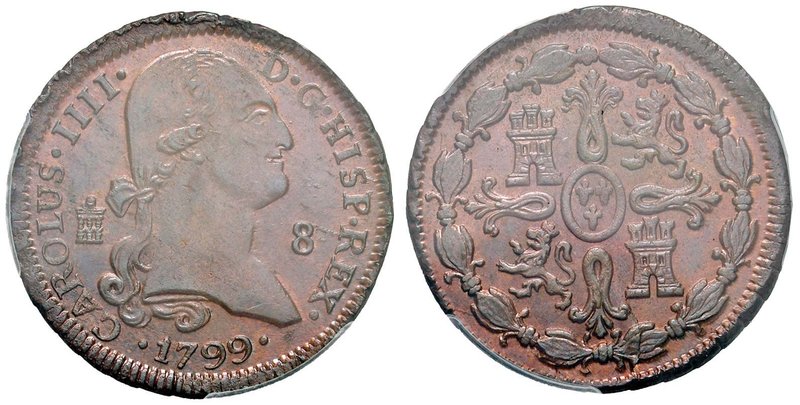 SPAGNA Carlo IV (1788-1808) 8 Maravedis 1799 - CU In slab PCGS MS65BN. Conservaz...