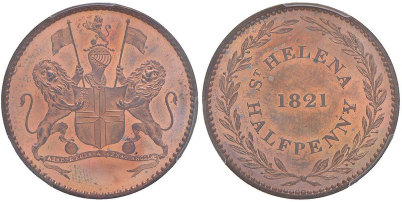 ST. HELENA & ASCENSION Mezzo Penny 1821– CU In slab PCGS PR65RB. Conservazione e...