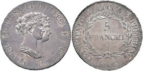 LUCCA Elisa Bonaparte e Felice Baciocchi (1805-1814) 5 Franchi 1806 – Gig. 3 AG R Conservazione eccezionale

FDC