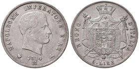 MILANO Napoleone (1805-1814) 5 Lire 1814 puntali aguzzi – Gig. 117 (indicato R/4) AG (g 24,78) RRRR Colpo al bordo e minimi ritocchi (?) sui capelli a...