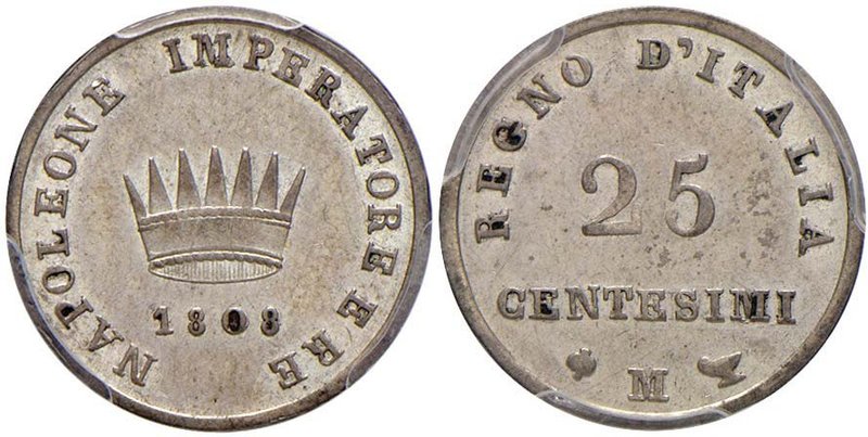 MILANO Napoleone (1805-1814) 25 Centesimi 1808 – AG RRRRR In slab PCGS SP50. Nel...