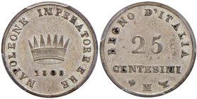 MILANO Napoleone (1805-1814) 25 Centesimi 1808 – AG RRRRR In slab PCGS SP50. Nel CNI è solo disegnata. Ne solo noti solamente due altri esemplari: uno...