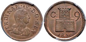 NAPOLI Ferdinando IV (1759-1816) 9 Cavalli 1804 – Magliocca 395a CU RR In slab PCGS MS645RB. Conservazione eccezionale in rame rosso

FDC