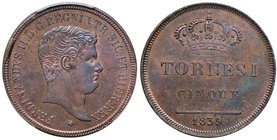 NAPOLI Ferdinando II (1830-1859) 5 Tornesi 1839 – Magliocca 700 CU RR In slab PCGS MS64RB. Conservazione eccezionale in rame rosso 

FDC