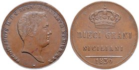 PALERMO Ferdinando II (1830-1859) 10 Grani Siciliani 1836 – Spahr 2 CU RRRR In slab PCGS MS62BN. Conservazione eccezionale

FDC