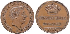 PALERMO Ferdinando II (1830-1859) 5 Grani Siciliani 1836 – Spahr 3 CU RRRR In slab PCGS MS63BN. Conservazione eccezionale

FDC