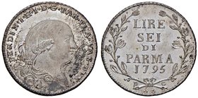 PARMA Ferdinando di Borbone (1765-1802) 6 Lire 1795 – CNI 139; MIR 1073/1 AG (g 7,34) Ex Nomisma 45, lotto 910. Esemplare eccezionale con i fondi prat...