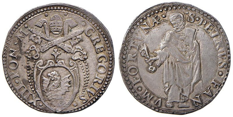 Gregorio XIII (1572-1585) Fano - Testone – Munt. manca AG (g 9,60) RRR Modeste m...
